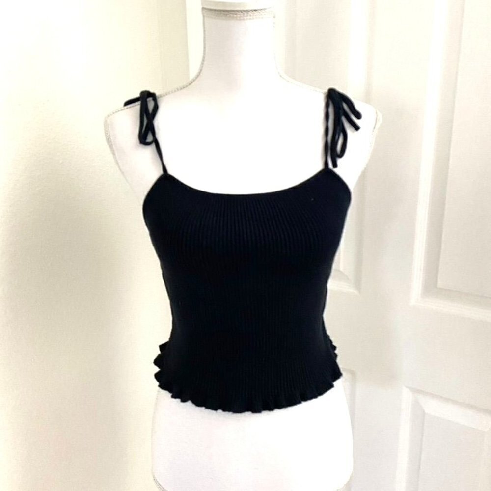 Abercrombie & Fitch Crop Rib Tank Black Ruffle Hem Tie Straps Size M Preowned